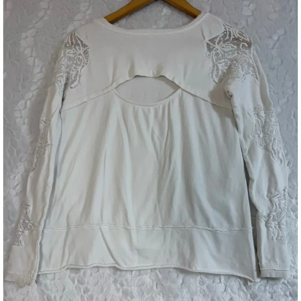 Free People Outer Sunset Ivory White Lace Insert Long Sleeve Boho Knit Top XS - Picture 4 of 16